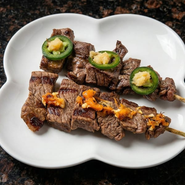Two skewers of grilled beef cubes, topped with minced garlic, jalapeño slices, and orange relish.