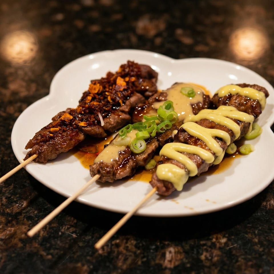Three beef skewers with different sauces and toppings on a white plate.