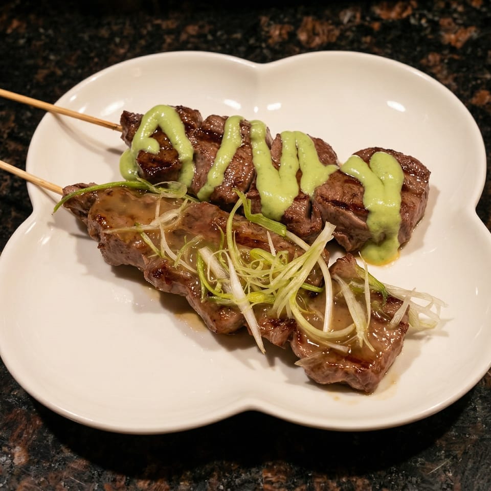 Two skewers of grilled beef, one with green sauce, the other with sliced scallions.