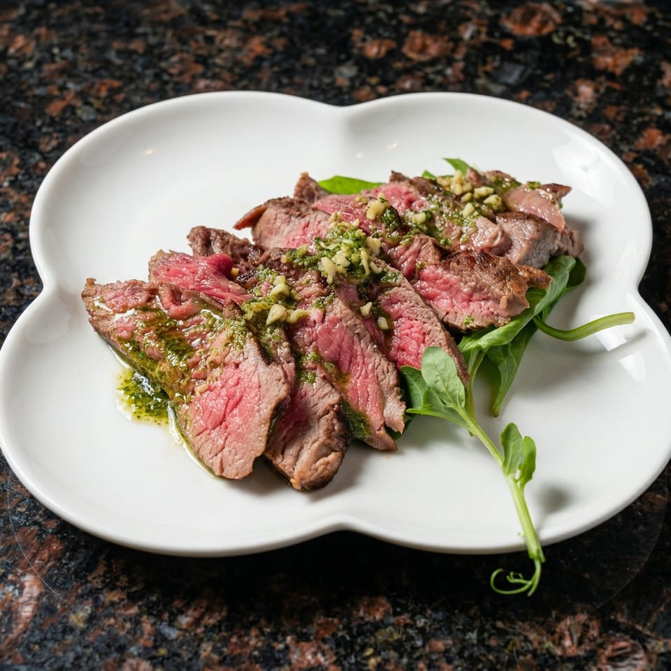 Sliced medium-rare steak with green sauce and herbs on a white plate.
