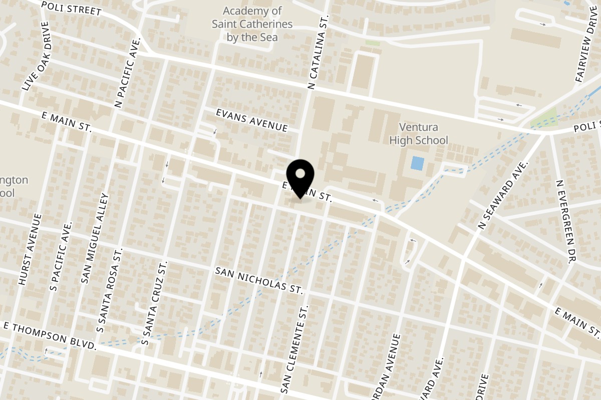 Map showing the location of Gotetsu - Kushiyaki and Sake House on 2098 E Main St in Ventura